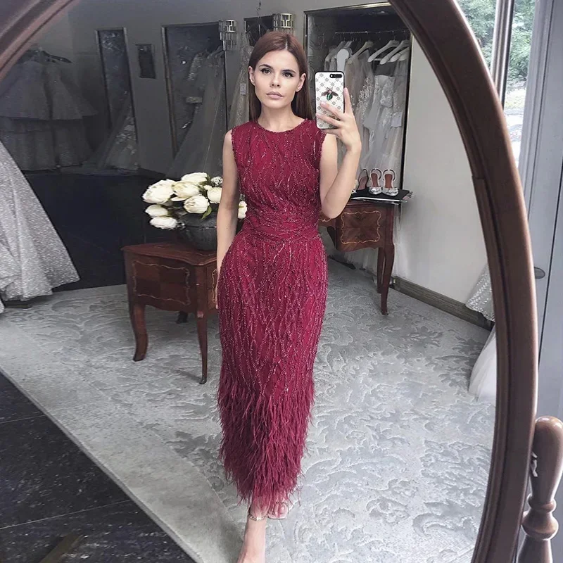 Classic Formal Sequin Feather Ball High Collar Long Dresses Cocktail Dresses Modern Style