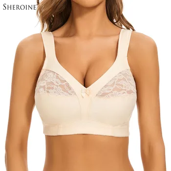 Sheroine Plus Size Wire-Free Cotton Bra Lace Floral Full Coverage Unpadded Ultrathin Soft Comfort Everyday Support for Women