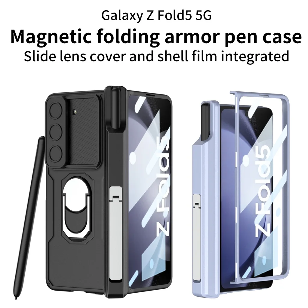

Magnetic Hinge Pen Holder Case For Samsung Galaxy Z Fold 5 Fold5 5G Shockproof Hard Armor Cover With Ring Stand