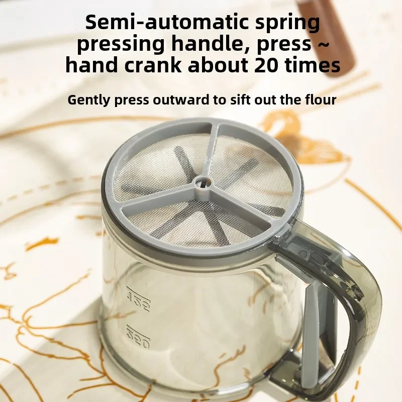 Semi-automatic Mesh Handhold Flour Sifter Measuring Scale Flour Icing Sugar Filter Sieve Cup Pastry Making Baking Tools flour sifter,baking tools,powder sieve