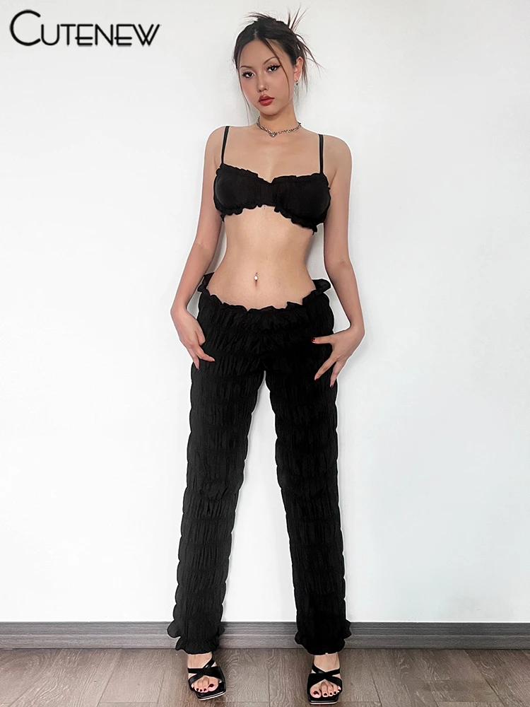 Shirring Trim Women 2 Piece Summer Unique Fashion Solid Crop Camisoles+Elastic Waist Pants Female Matching Sexy Clubwear