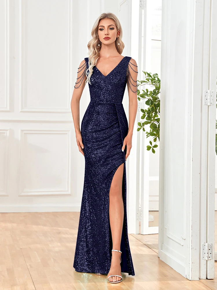 

XUIBOL Women Elegant Sexy Deep V-Neck Sequins Evening Dress 2024 Luxury Formal Maxi Long Prom Blue Slit Beading Cocktail Dress