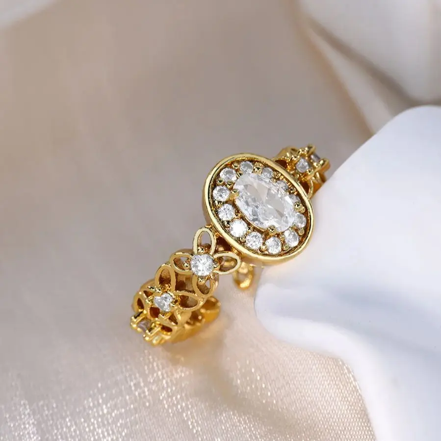 Zircon Oval Flower Rings for Women 18K Gold Plated Stainless Steel