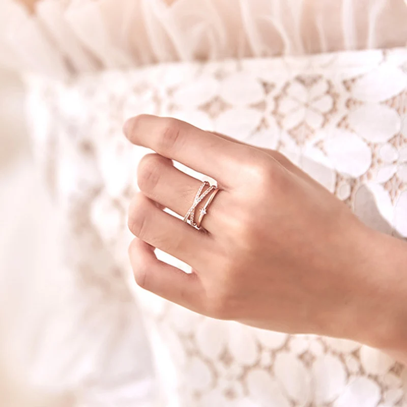 Foxanry Cross Rings for Women Girls Sparkling Zircon Lines Wedding Jewelry Gift