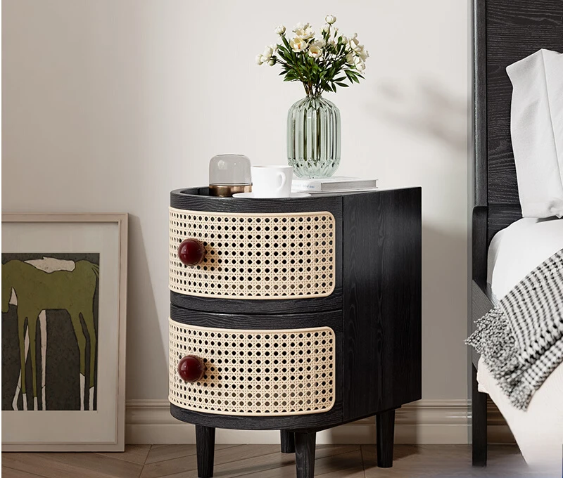 Solid Wood Rattan Bedside Table Japanese Small Side Cabinet Storage Cabinet Creative Bedside Bedroom Furniture