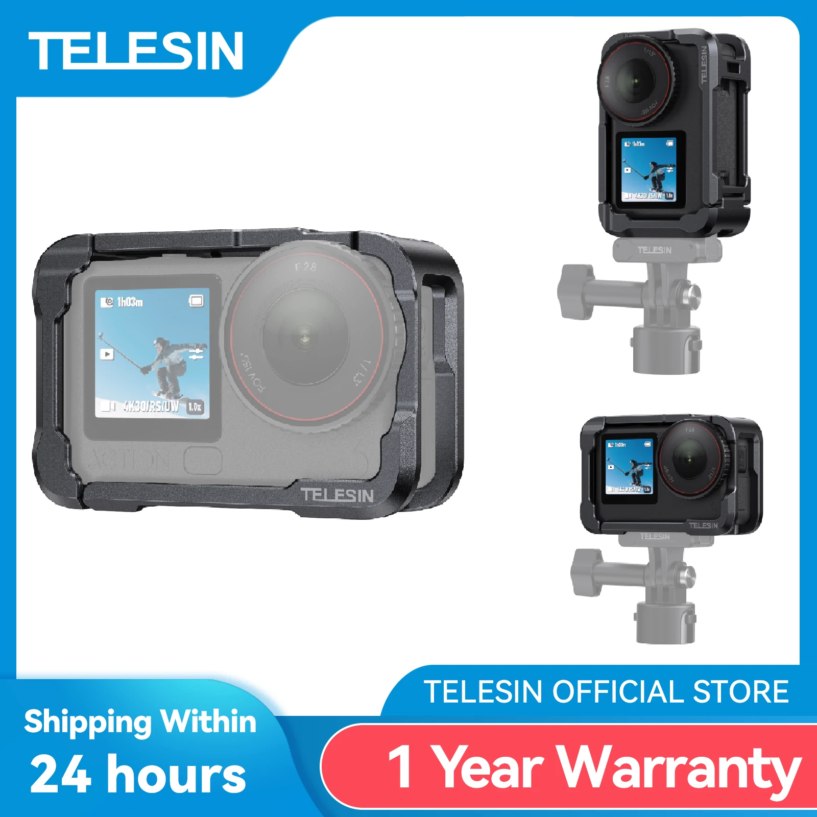 Telesin quadro de liga de alumínio capa protetora gaiola de coelho para dji osmo actioon 6 acessórios duplo adaptador de sapato frio escudo de metal