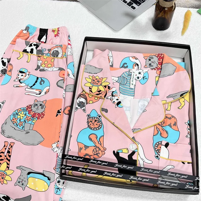 Pijamas de algodón de lujo para mujer, cárdigan con solapa, conjuntos de salón para mujer, ropa de dormir con estampado de gato, moda de primavera y otoño, nuevo, 2 piezas