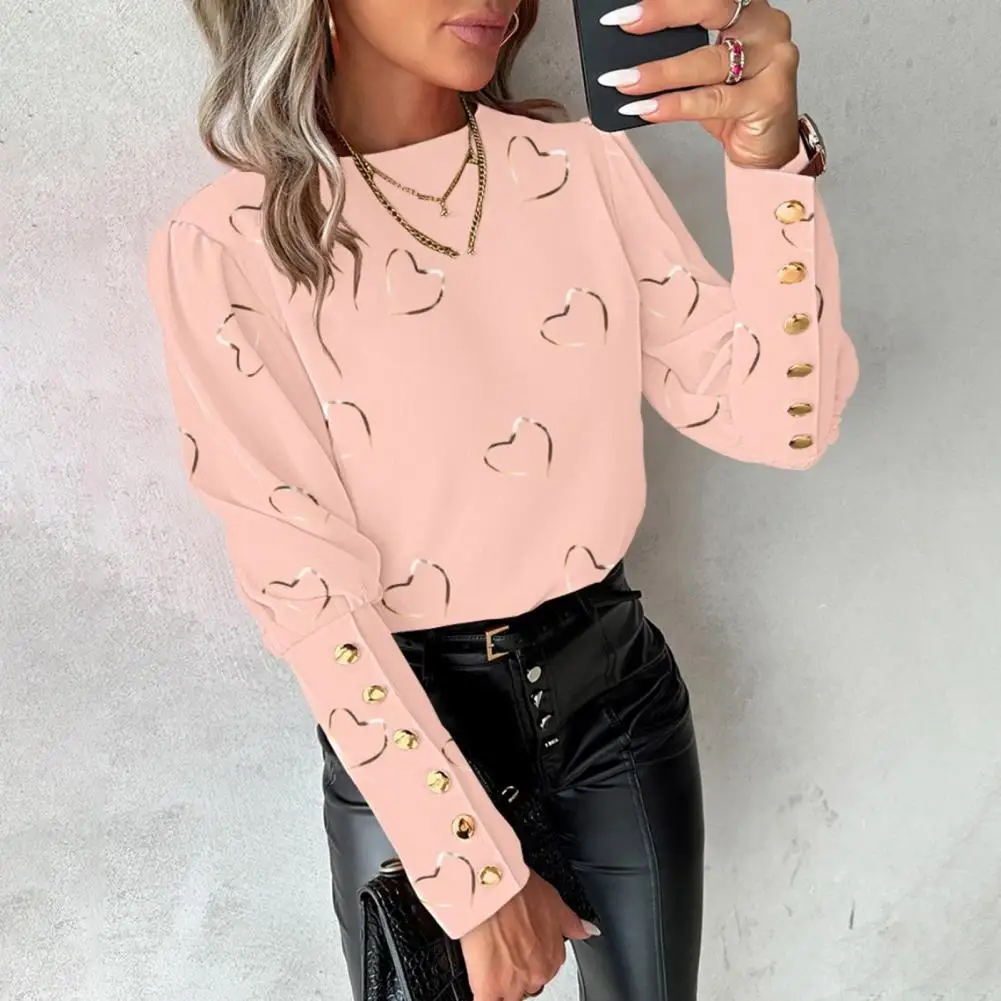 Heart Print Shirt Elegant Heart Print Women's Spring Blouse with Round Neck Button Decor Stylish Ol for Ladies for Comfort inman women blouse 2023 summer short sleeve organza chiffon double layered collar shirts comfort loose beige tops