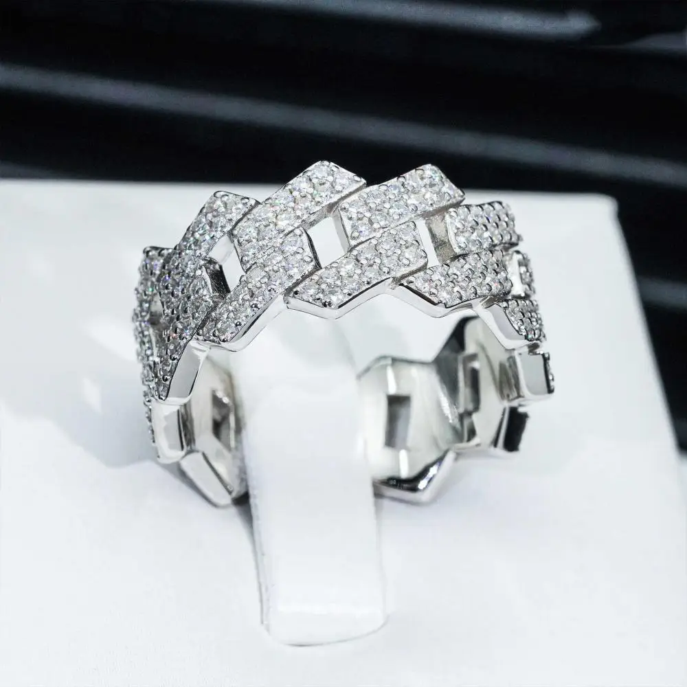 HOYON 진짜  모이사나이트 반지, VVS D 컬러 다이아몬드 쿠바 체인 반지, 남성 여성 힙합 고급 주얼리 생일 선물