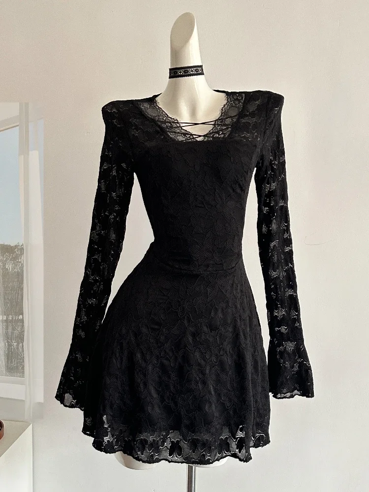 Gothic Black Lace Dress Women Casual Sweet Elegant Bodycon Short Party Dress Office Lady Korean Fashion Y2k Vintage Clothing