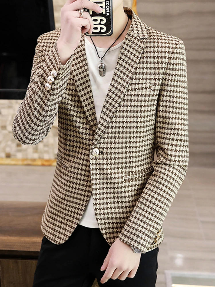 High Quality Male Blazer Fashion Single Breasted Plaid Men's Clothing Houndstooth Business Casual Men's Suit Jacket Plus Size