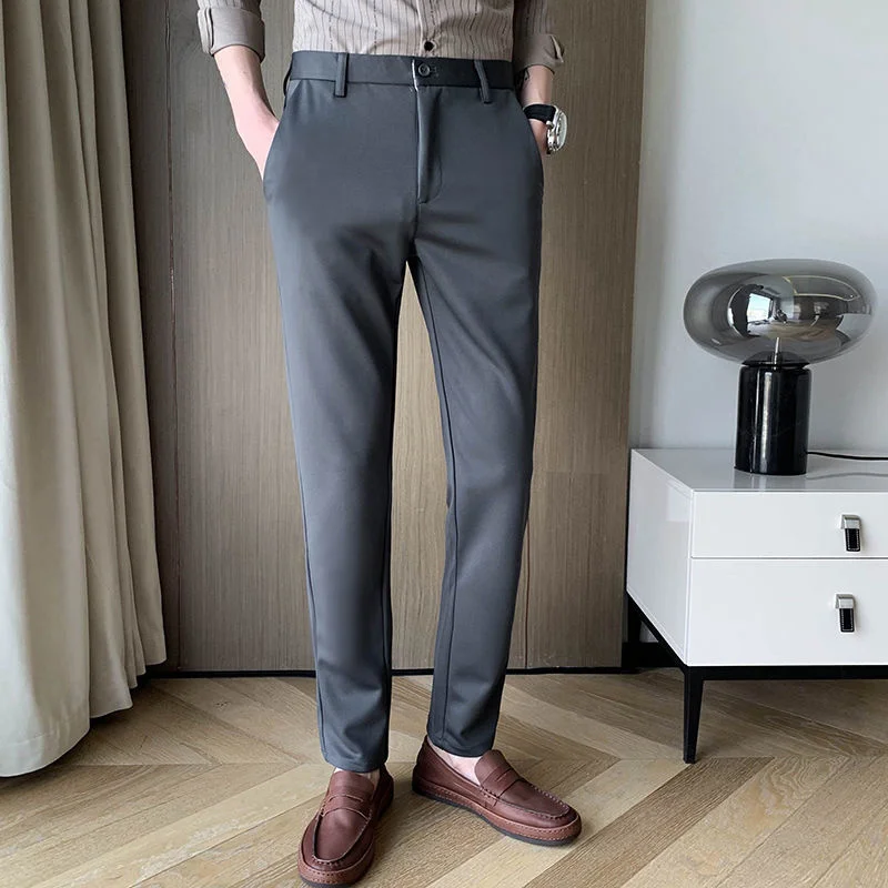 

2022 Men's Fashion Trend Casual Pants Grey/black Color Ice Silk High Streetwear Formal Trousers Office Business Slim Suit Pants