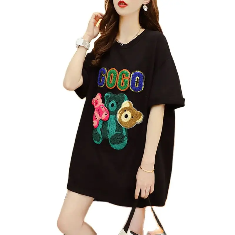 

Long Cartoon Bear Short Sleeve Casual T-shirt Female 2023 Summer Loose Fashion Students Joker Half Sleeve Tshirt InsWomen's Tide