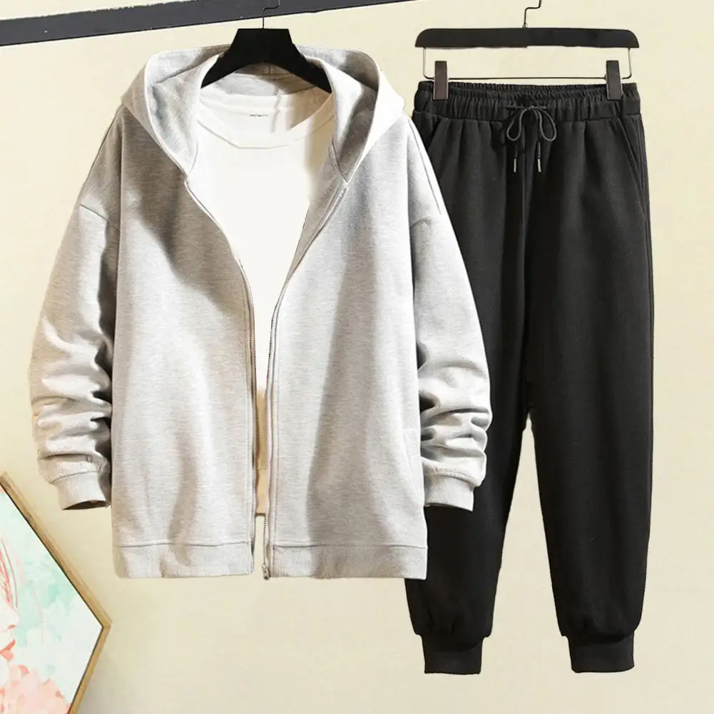 

Hooded Long Sleeve Coat Long Sport Pants Set Men's Casual Tracksuit Set Hooded Zipper Coat Elastic Waist Sweatpants for Active