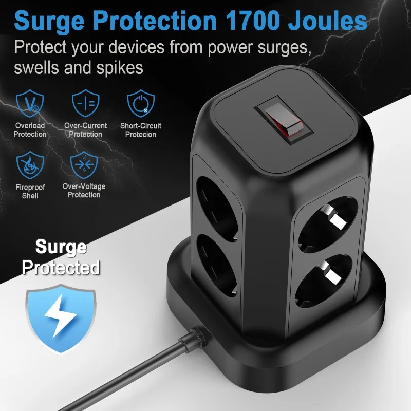 EU Plug Surge Protector Multi-Socket with 8 AC Outlets,3 USB and 1 Type C Ports，1.8M Extension Cable