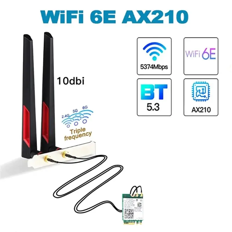 AP-트라이 밴드 Wifi 6E AX210 무선 카드 네트워크 어댑터 5374Mbps 5Ghz/6G/2.4Ghz 지원 10DB 안테나 BT5.3 풀 하이트 브래킷