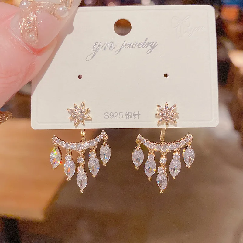 Fashion Elegant Delicate Micro Set Crystal Octagon Star Tassel Water Drop Pendant Stud Earrings Women's High Jewelry Party Gift