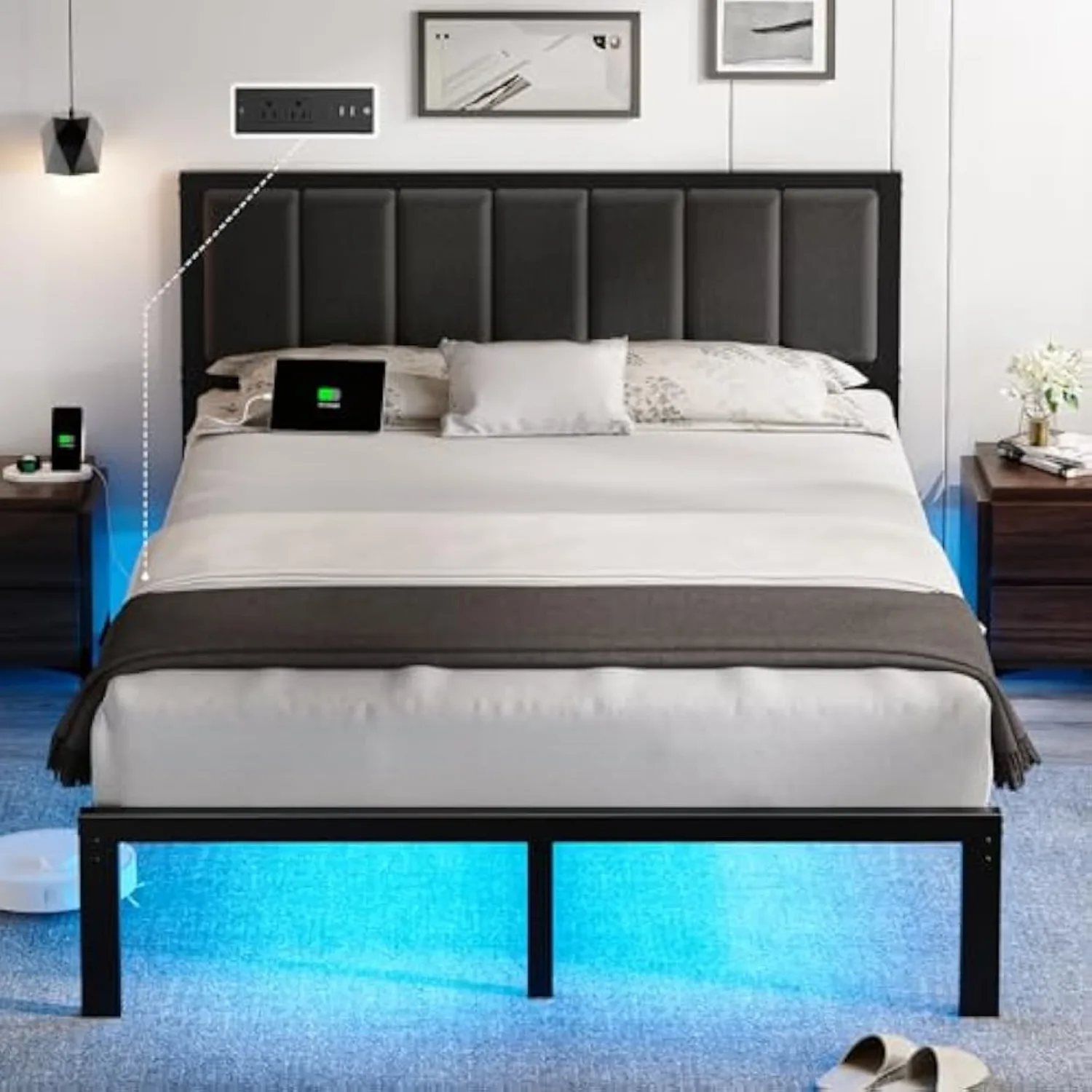 Queen Bed Frame with Headboard Metal Platform Bed Queen Size with USB Charging Station and LED Lights, No Box Spring Needed