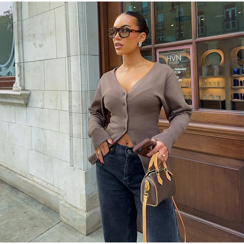 Vintage Women Knit Cardigans Solid V-Neck Long Sleeve Slim Button Sweater Female Fashion Autumn Winter Lady Knitwear New