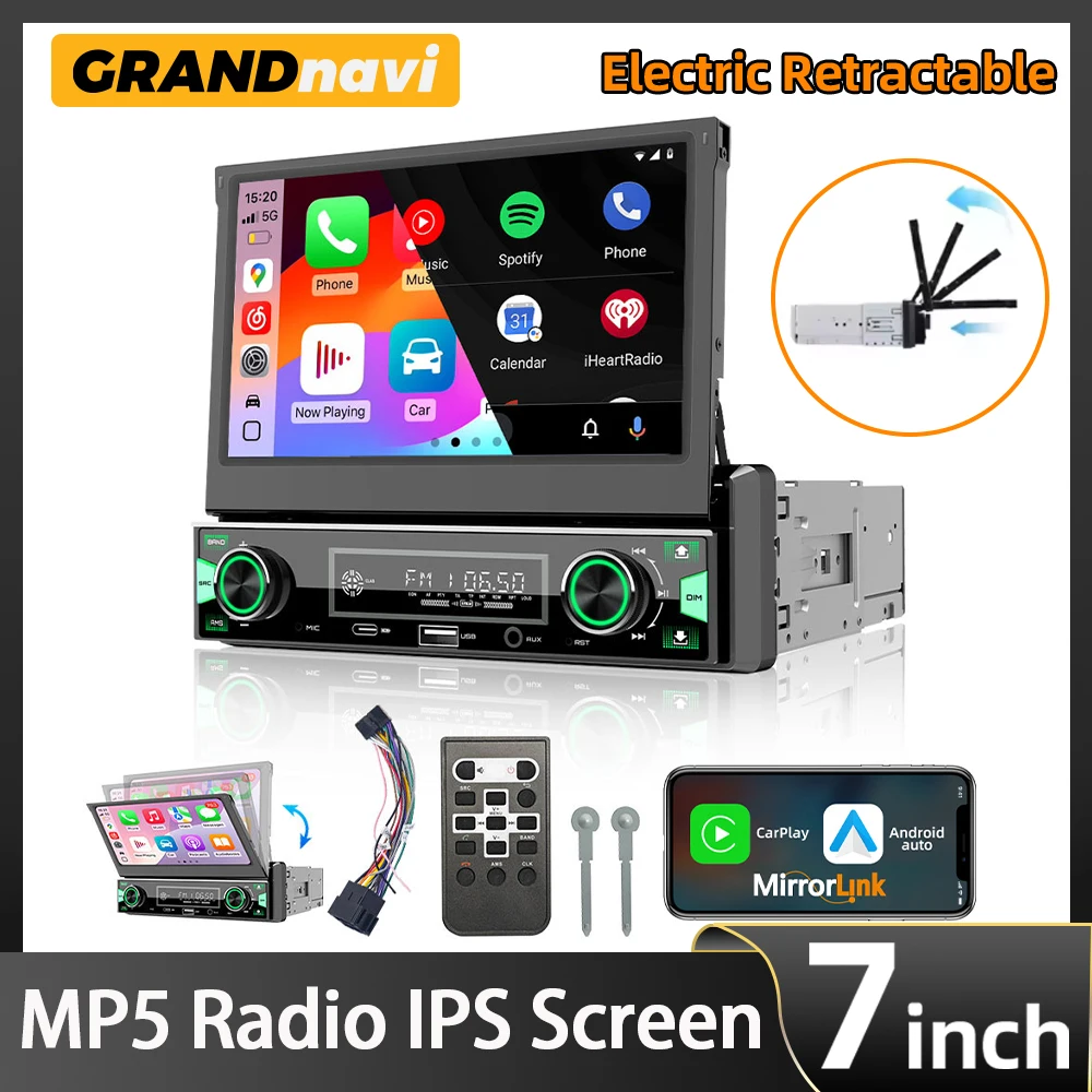 Radio Reproductor MP5 para Auto 1DIN de 7 Pulgadas, FM AM RDS, Pantalla Táctil IPS Retráctil Automática, CarPlay Inalámbrico, Android Auto, Estéreo para Auto, GPS 1