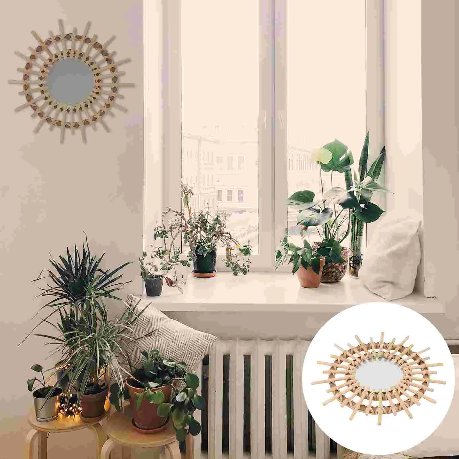 

Rattan Makeup Mirror Wicker Weaving Ornament Hand-woven Wall Decor Craft Decorative Light for
