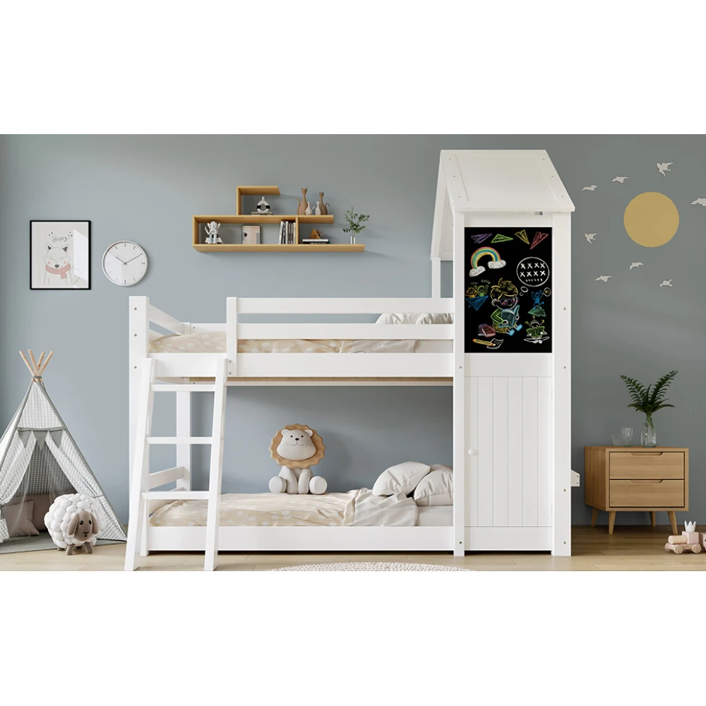 Weißes Etagenbett 90 x 200 cm – Kiefer + MDF + PB + Sperrholz, 3-stufige Leiter- und Lattenrost, mit verspielter Dach, Fenster, sichere Schlafzimmermöbel – Detail 15