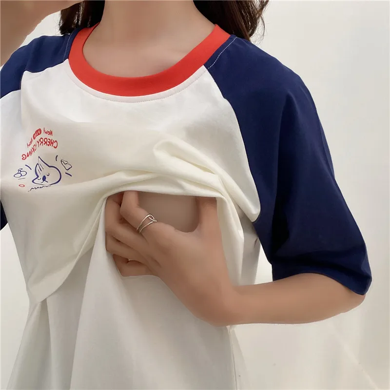 

Loose Short Sleeve Matching Color Breast-Feeding T-Shirt High Quality Maternity Wear Pregnant Women Tee Shirt 2211