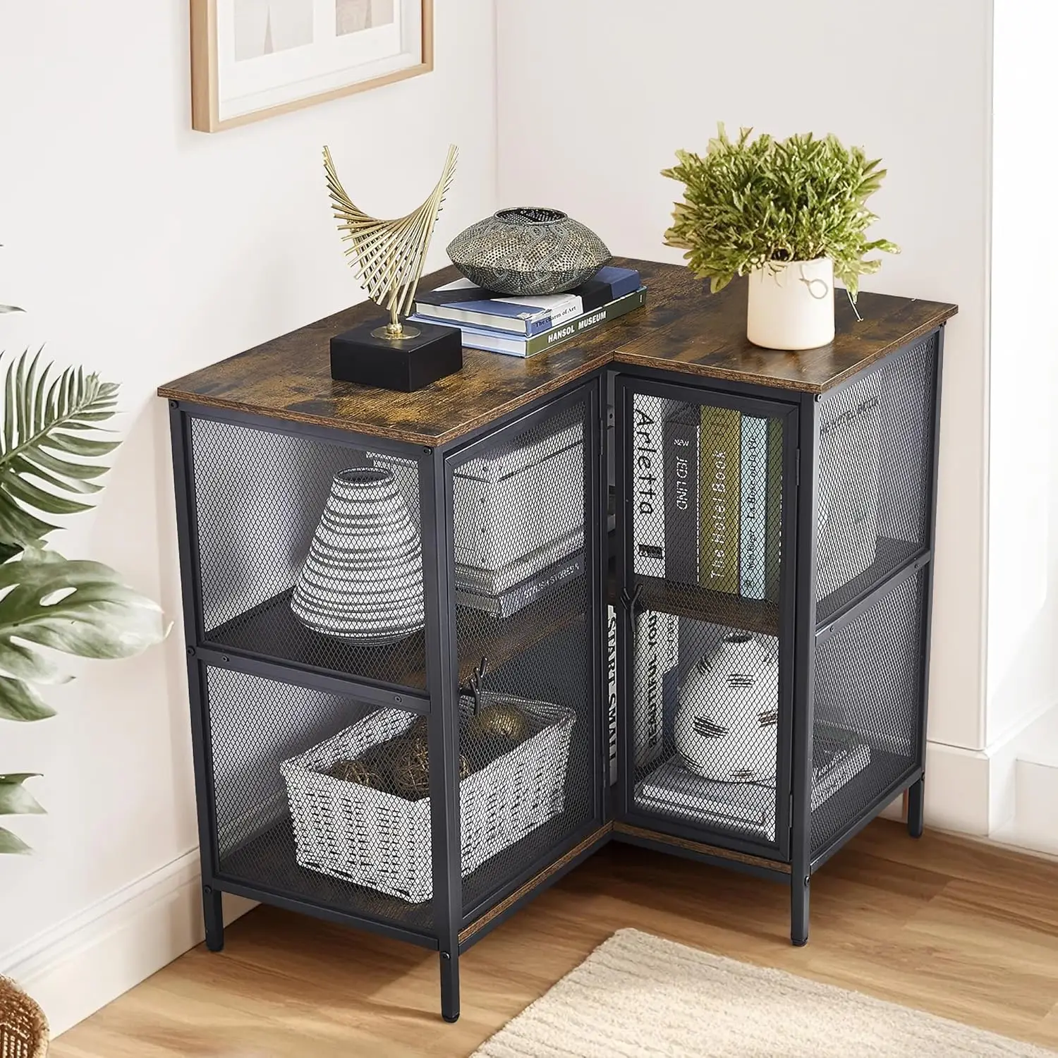 3-Tier Corner Cabinet, Metal Mesh Doors, Short TV Stand, Compact Space, Living Room, Kitchen, Home Office, Brown