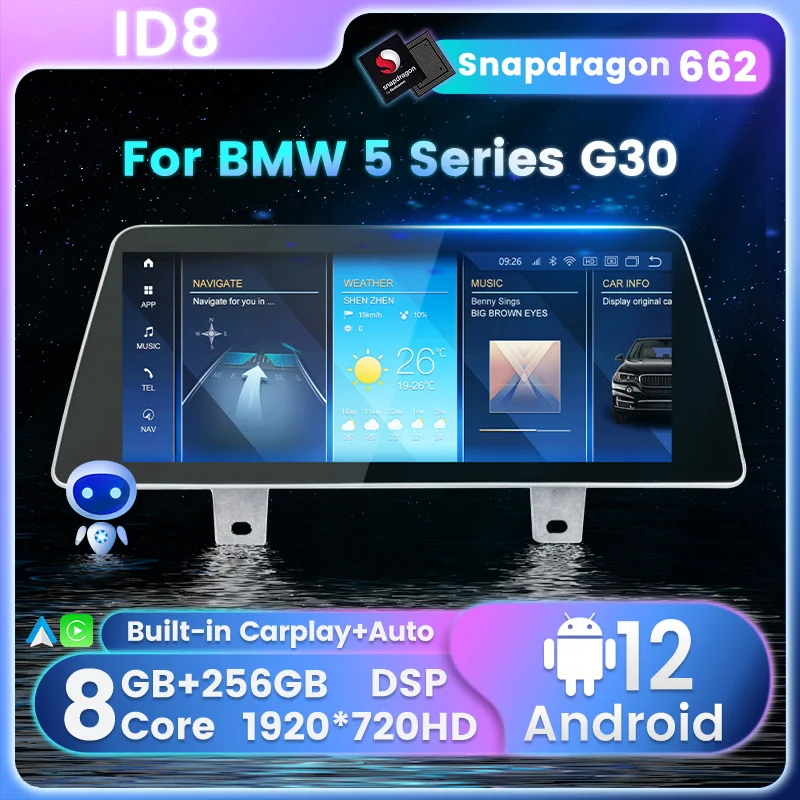 

Android 12 API32 ID8 Car Radio For BMW 5 Series G30 2018 2019 EVO Car Multimedia Player Snapdragon 662 8+256G 1920*720 Carplay