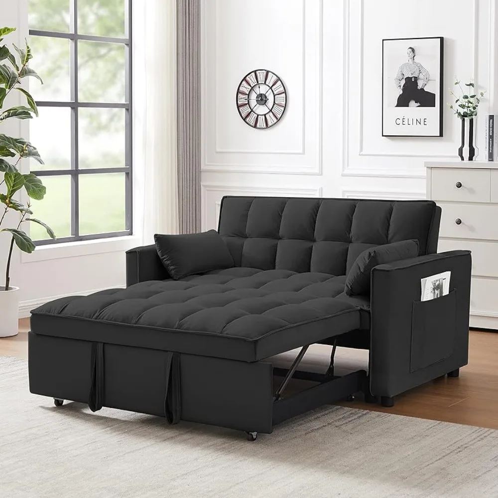 

55,2 ''Loveseat, двухместные карманы для сна и Бросьте Подушки, бархатный тянущийся шезлонг, 2-местный тканевый трансформируемый диван-кровать, черный