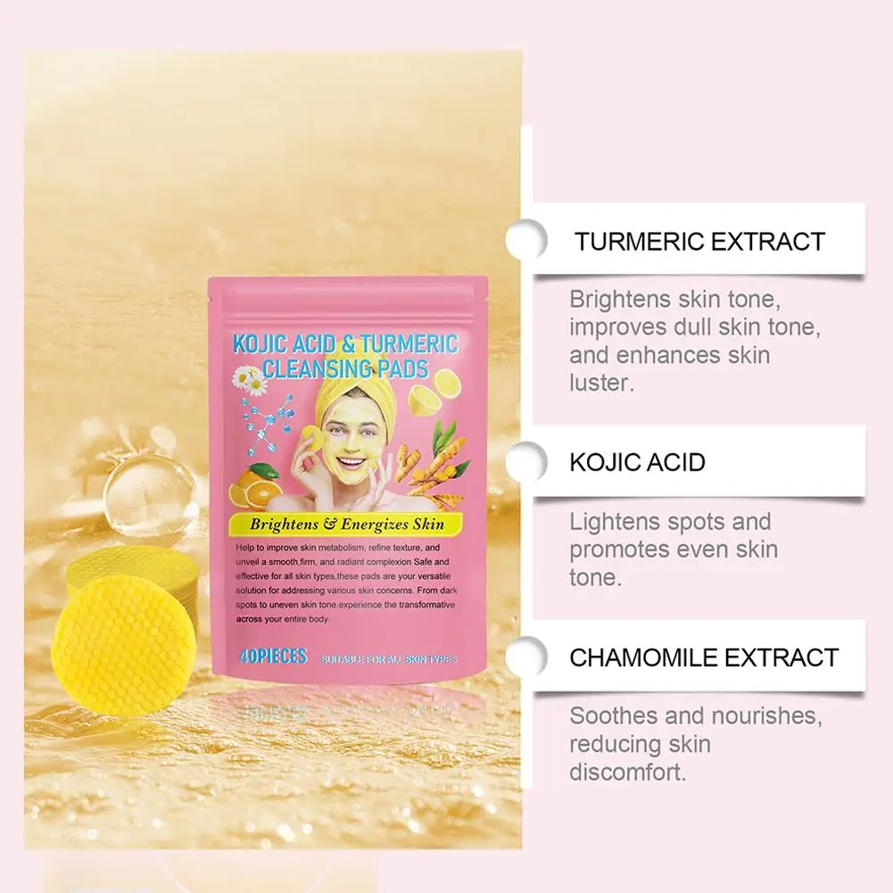 Turmeric Kojic Acid Cleansing Pads Exfoliating Pads Facial Sponges For Cleansing Exfoliating Daily Cleaning Skin Care 40pcs cleansing pad