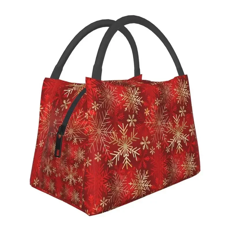 

Custom Merry Christmas Gold Snowflake Pattern On Red Background Lunch Bags Men Women Cooler Thermal Insulated Lunch Boxes