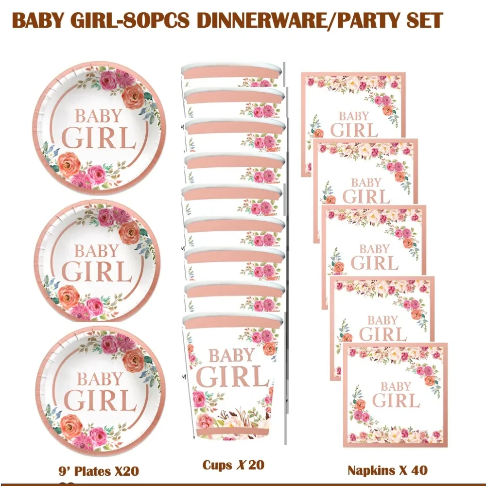 

80pcs 20People Use Baby Girls Theme Party Supplies School Home Events Baby shower Wedding Birthday Decorations Disposable Cups
