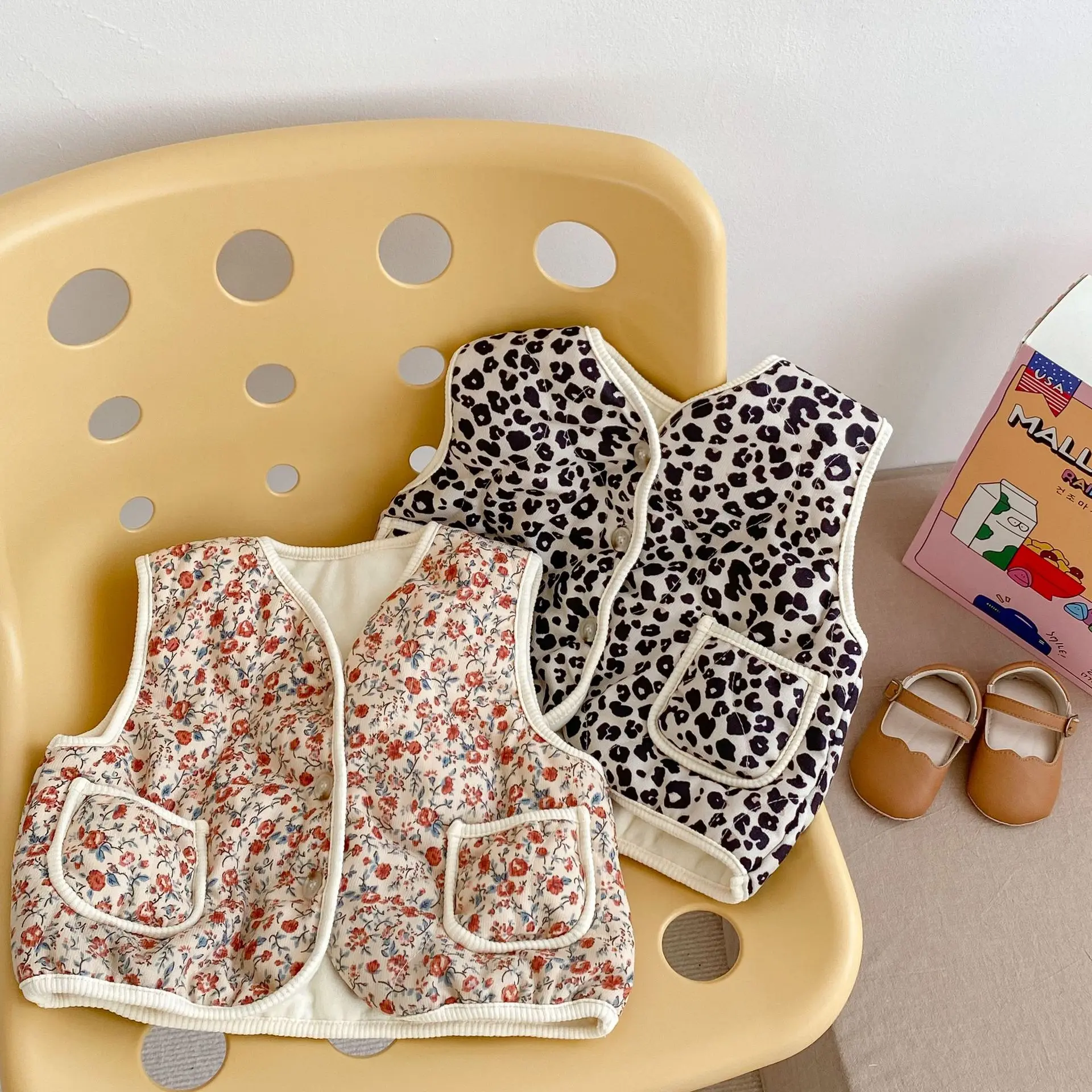 Winter New Baby Sleeveless Vest Floral Leopard Print Infant Girl Cotton Cardigan Coat Toddler Thick Warm Tops Baby Clothes fur vest