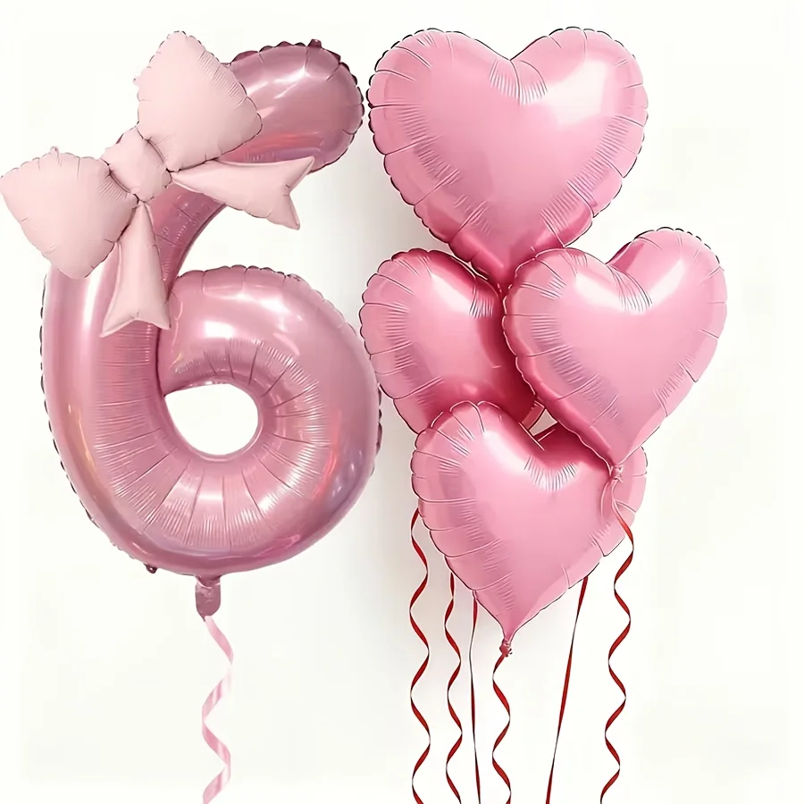 7-teiliges Set Rosa Zahlen-Herzballons 0-9 mit Schleifen für Geburtstag Hochzeit Valentinstag Party-Dekoration Rosa Party-Zubehör Passend – Detail 9