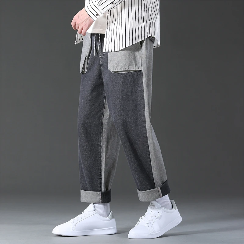 

2021 Autumn New Men's Stitching Denim Wide-leg Pants Streetwear Baggy Jeans Male Harlan Trousers Brand Clothes