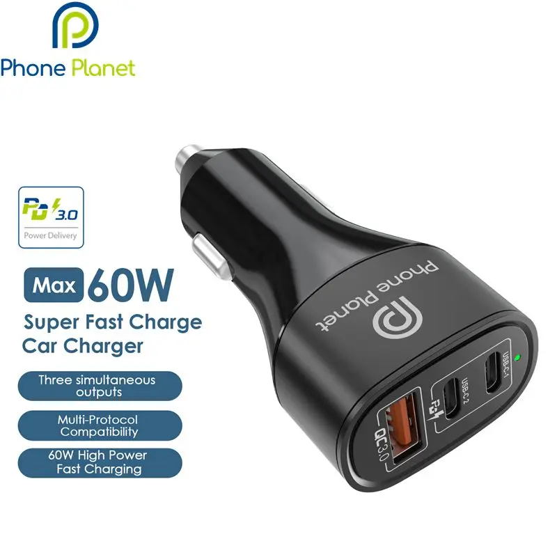 

Phone Planet QC 3.0 USB Car Charger Quick Charging Multiple Ports Type C Car Phone Charger For Laptop Tablet Samsung IPad IPhone