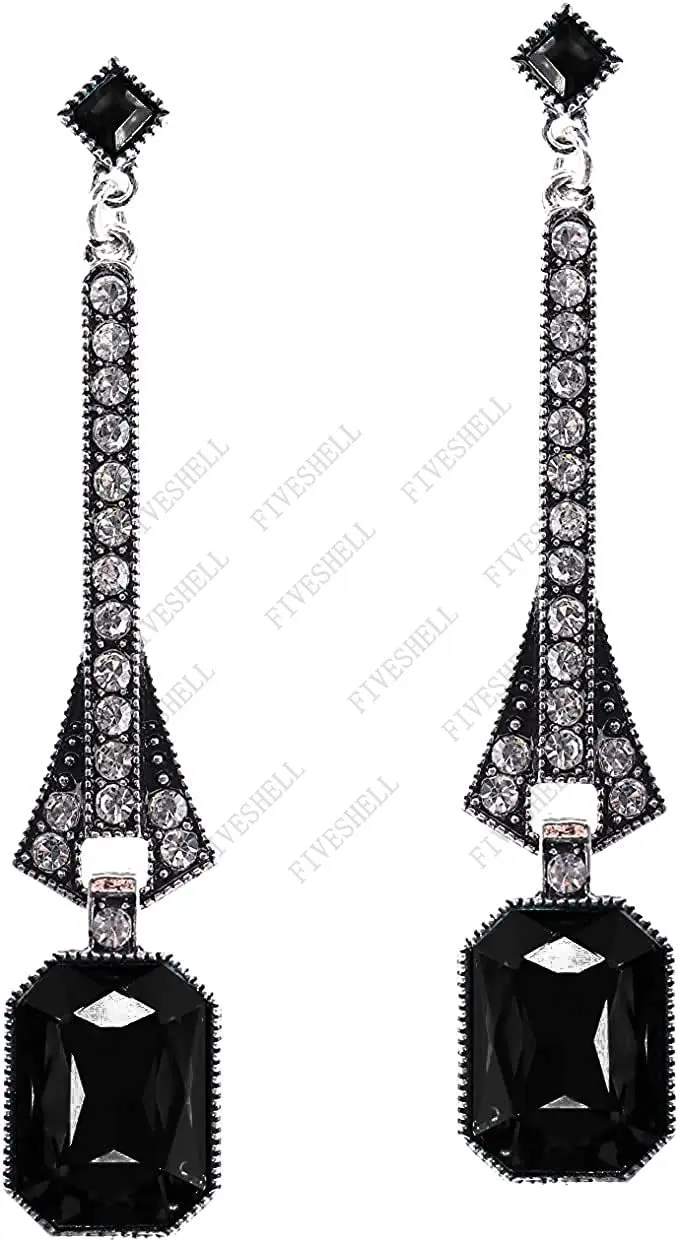 1920s Art Deco Antique Vintage Flapper Style Jet Black Rhinestone Extra Long Dangle Earrings Pearl Earrings Jewelry for Women