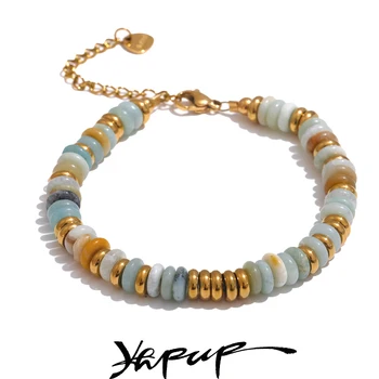 Yhpup Colorful Natural Stone Beads Chain Handmade Bracelet Bangle Waterproof Bohemia Stainless Steel Y2K Trendy Jewelry Gift 1