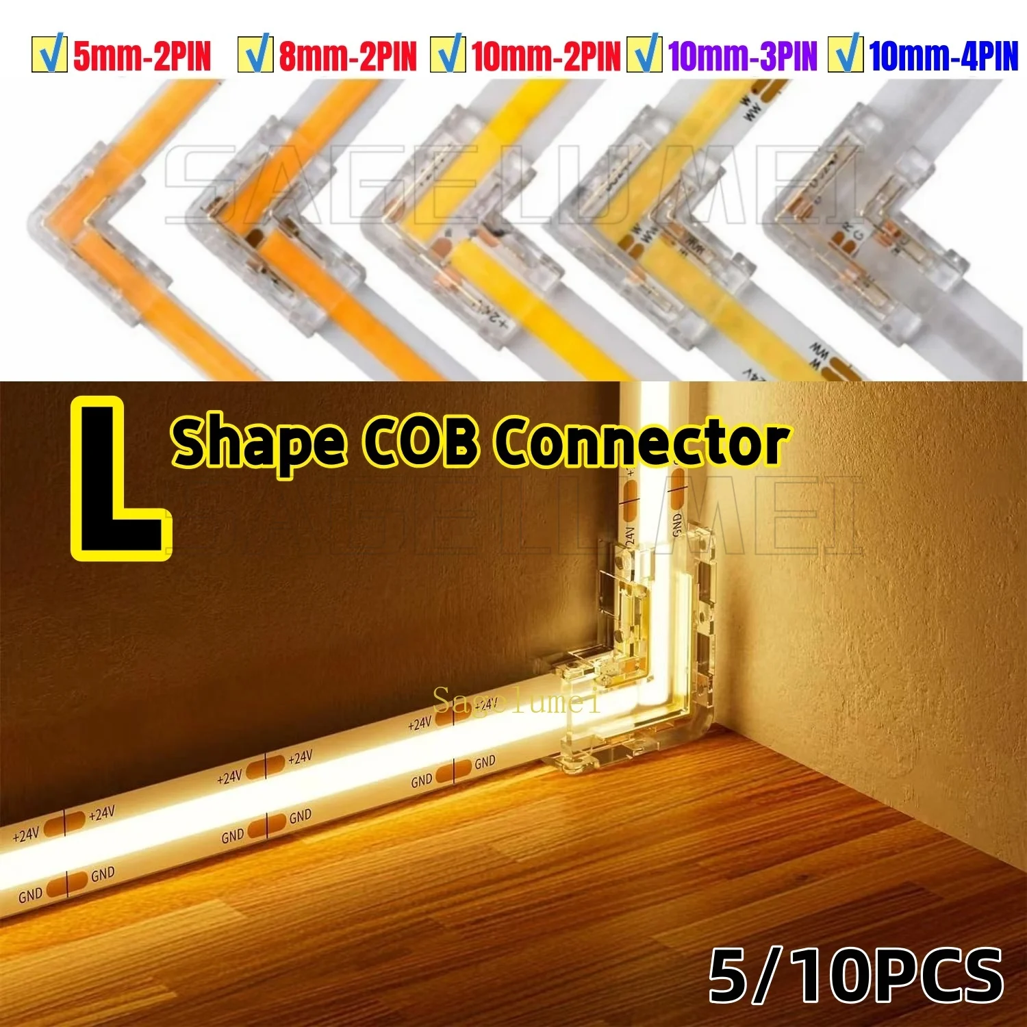 5/10pcs L รูปร่างมุม 90 องศา 2/3/4 Pin 5/8/10 มม.COB LED Connectors Solderless โปร่งใส Connector Strip to Strip ไฟ 1