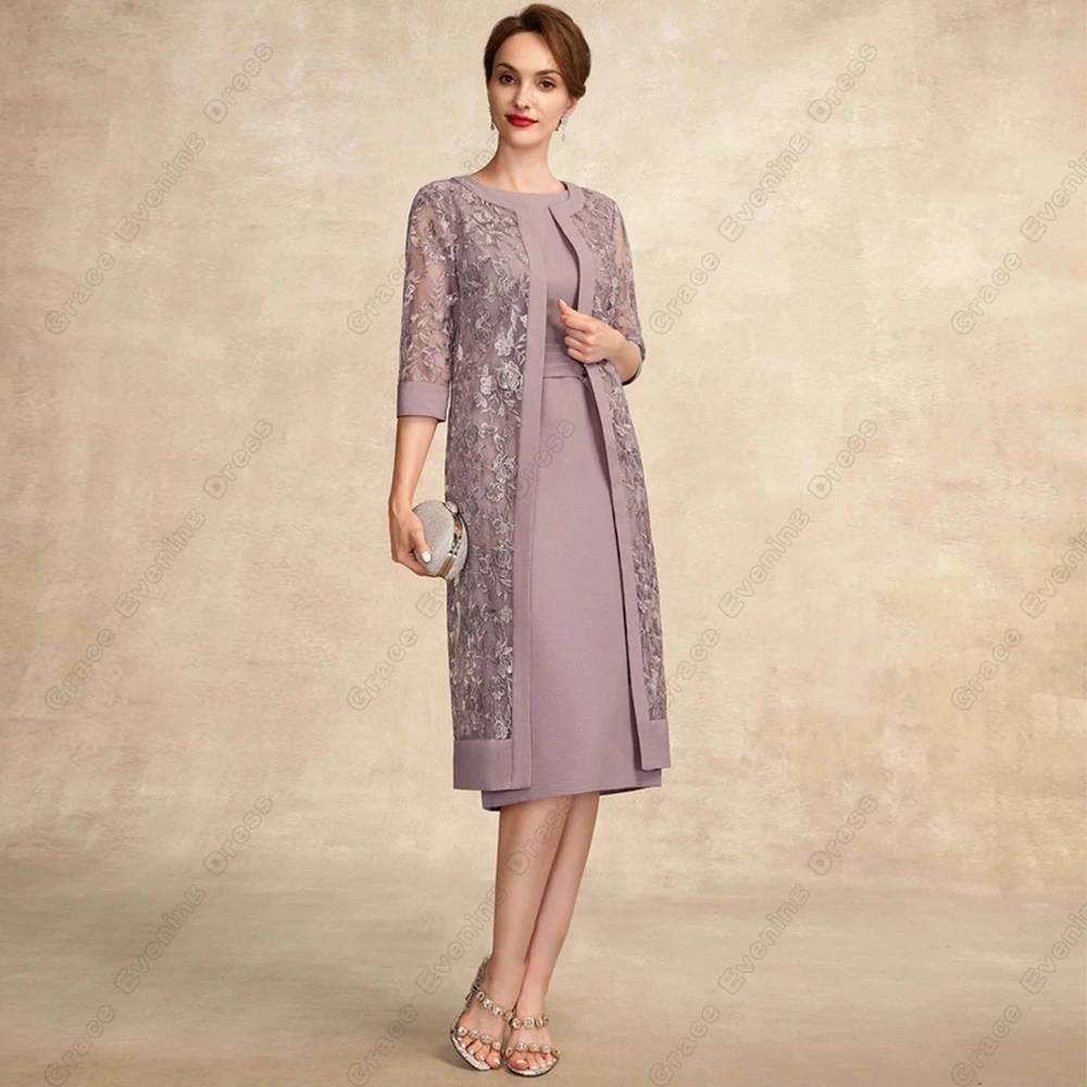 Scoop Three Quarter Mother of Bride Dresses for Women Sheath Wedding Party GownKnee Length Prom Gowns Vestido De Noche