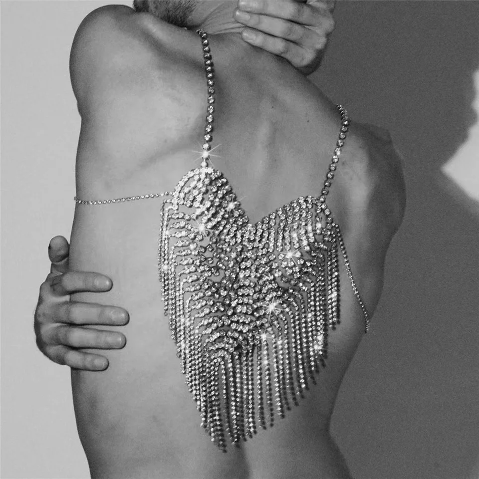 Fashion luxury trend shiny crystal heart-shaped tassel women's back chain necklace summer beach Rhinestone body chain jewelry