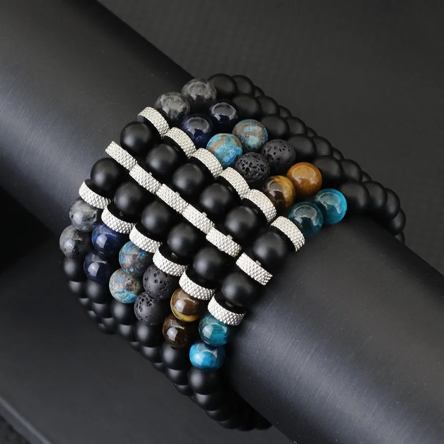 Mens Onyx Tiger Eyes Lava Rock Stone Beaded Bracelet