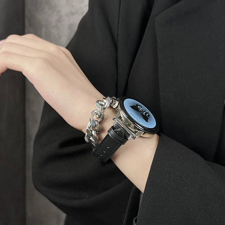 Metal Chain Double Tour Leather Strap for Samsung Galaxy Watch 3 4 Classic 5 Pro Active Gear Sport Huawei GT2/3 Amazfit GTR Band