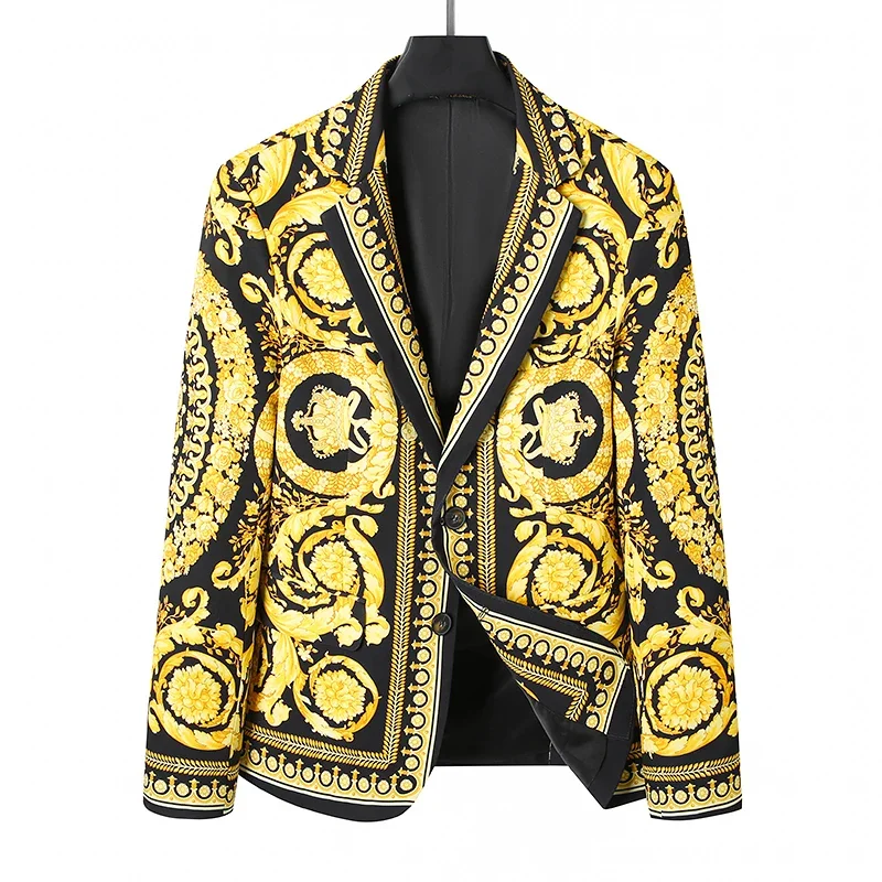 Men Women Gold Floral Blazer Jacket Peak Lapel Baroque Suit Jacket for Wedding Party Prom mens blazer