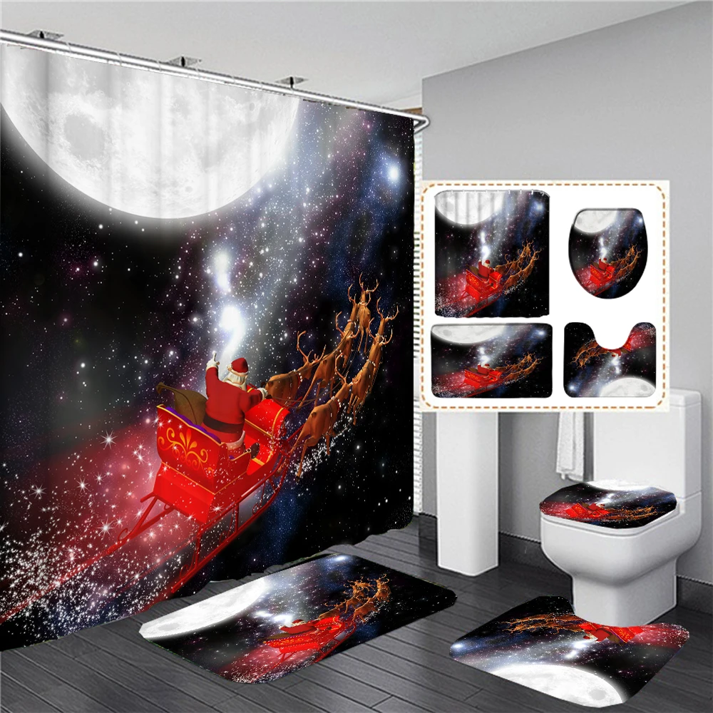 Merry Christmas Red Bow Printed Shower Curtain Bathroom Curtains Xmas Festival Decoration Pedestal Rug Toilet Lid Cover Bath Mat