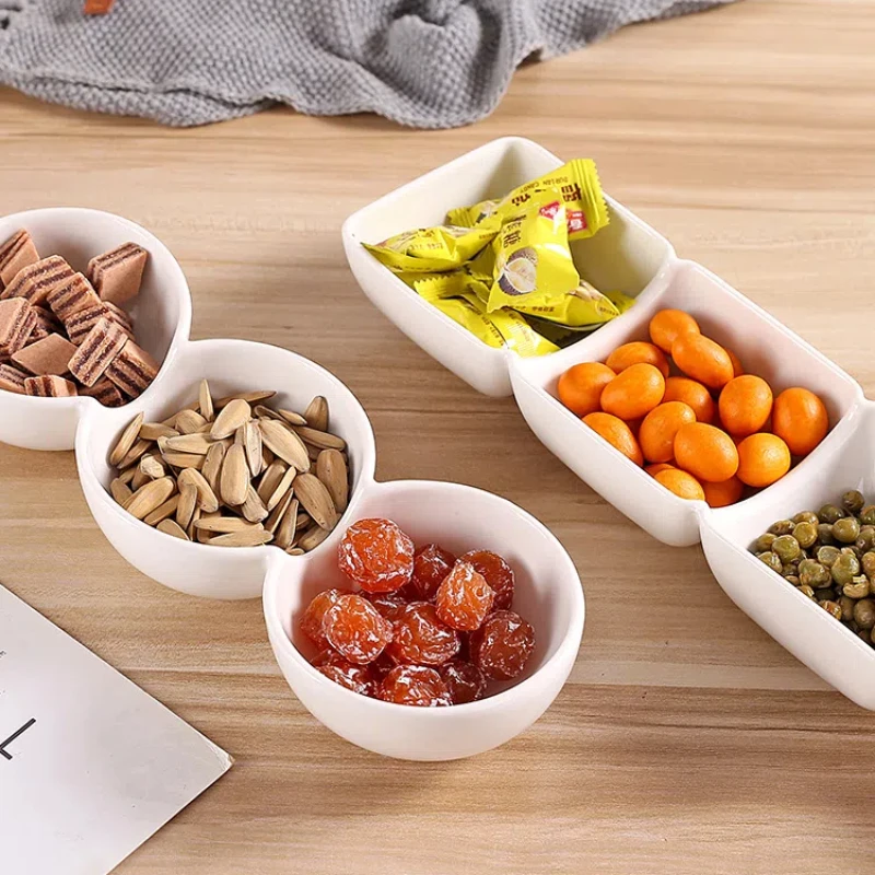 Ins New Nordic Creative Home Ceramic Bowl with Wooden Handle Divided Snack Plate Dried Fruit Plate Candy Placement Plate