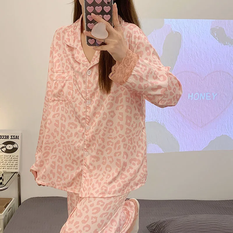 Summer Silk Ice Silk Women's Pajamas Long Sleeve Set Household Set Thin cardigan Small lapel Oil Painting Sweet Casual Silk