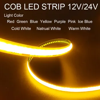 COB LED 스트립 조명 장식용 핑크 테이프 조명, 고밀도, 유연하고 따뜻한 천연 백색, 적색, 청색, 녹색, 320LED/M, DC12V, 24V