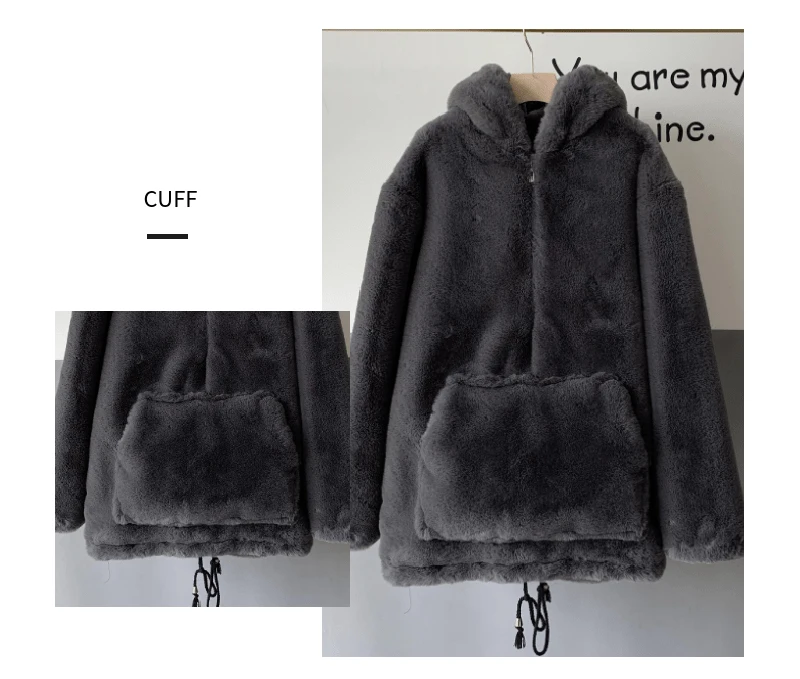 Fashion Runaway Luxury Brand Faux Fur Long Coat Women Big Pocket Warm Jacket Zip Hooded Fake Rabbit Fur Plush Overcoats